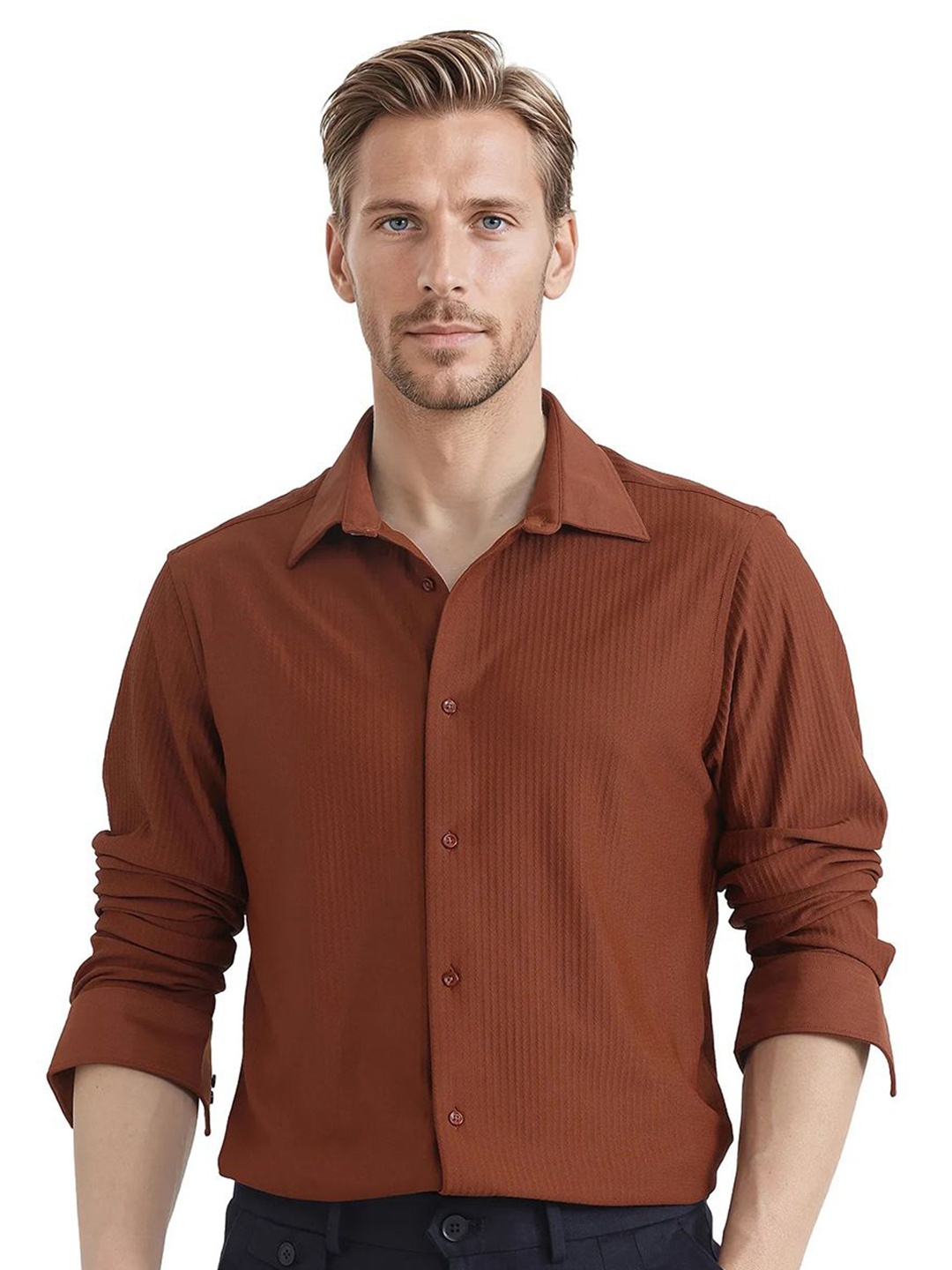

RARE RABBIT Men Comfort Fit Spread Collar Textured Cotton Formal Shirt, Rust