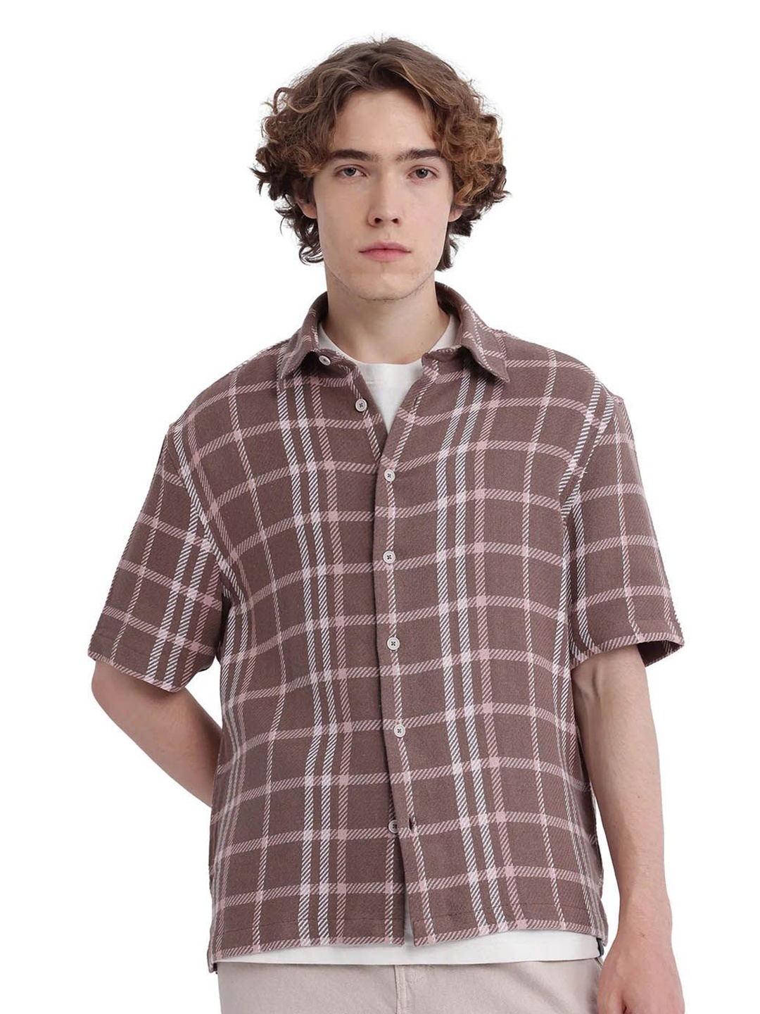 

RARE RABBIT Men Comfort Spread Collar Tartan Checked Cotton Casual Shirt, Brown