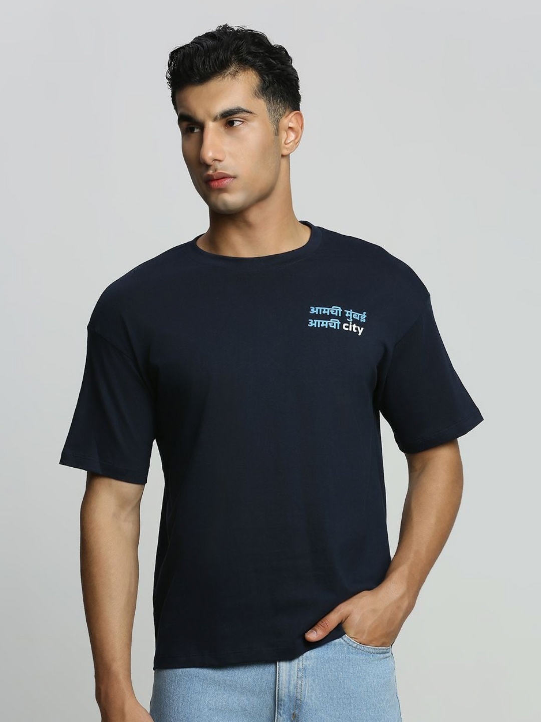 

FanCode Men Graphic Printed Round Neck Cotton Relaxed Fit T-shirt, Navy blue