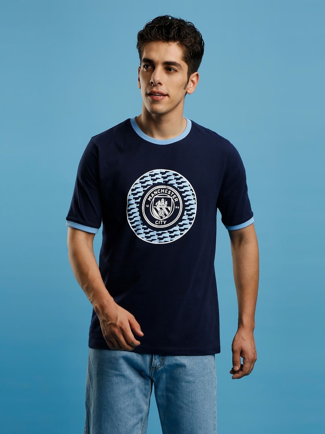 FanCode Men Graphic Printed Round Neck Cotton T-shirt, Navy blue