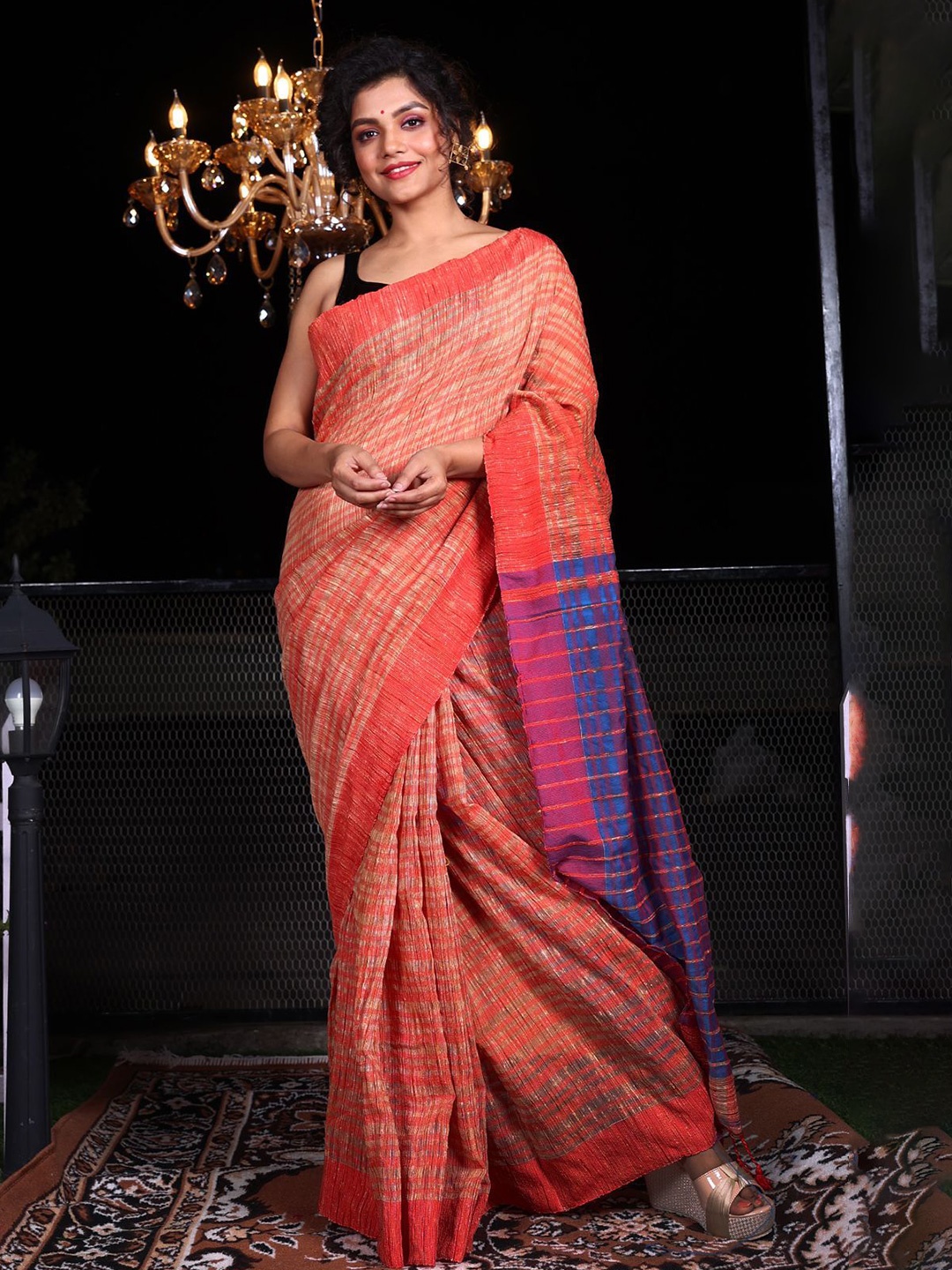 

Charukriti Striped Pure Cotton Saree, Orange