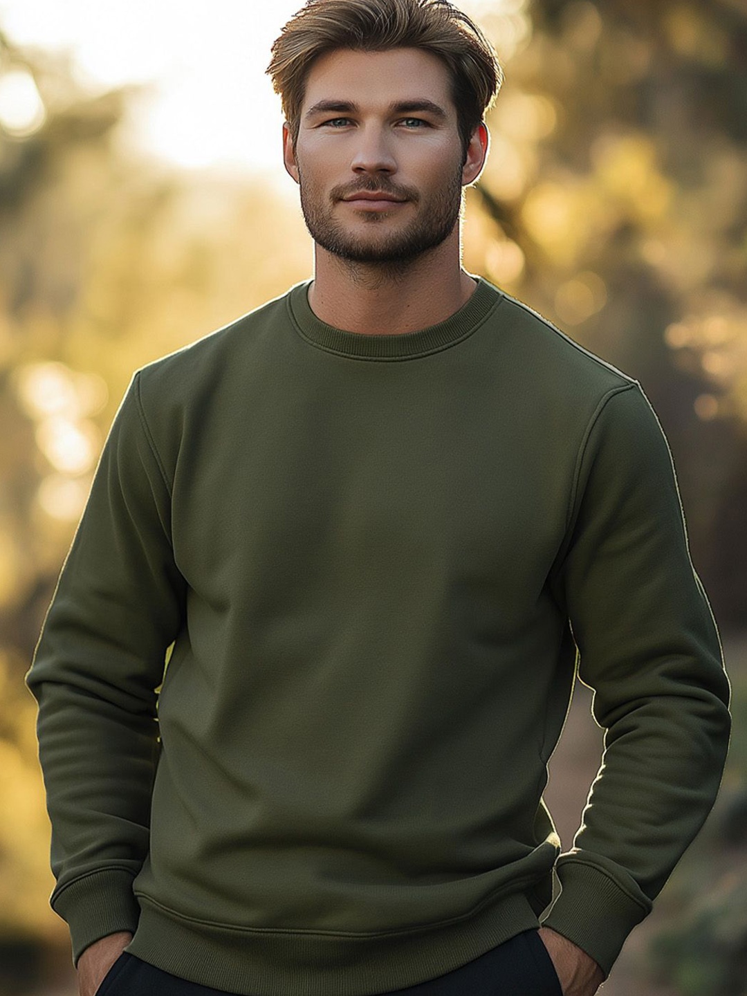 

NOBERO Men Regular Solid Sweatshirt, Olive