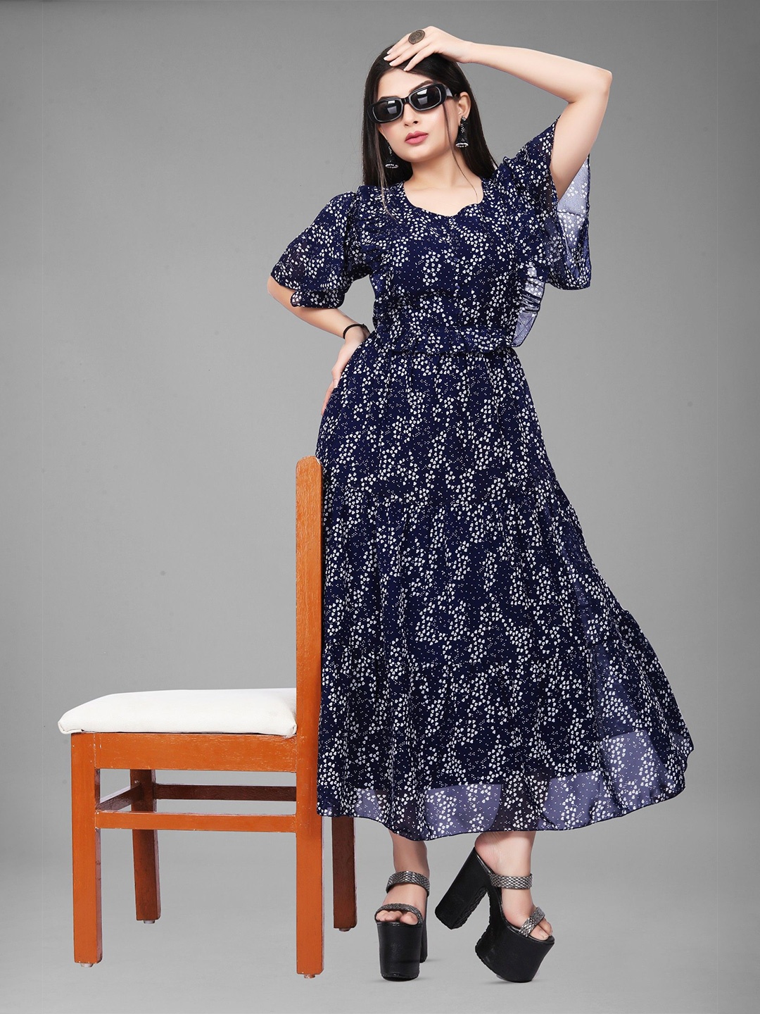 

Krunal Raiyani Women Printed Fit & Flare Maxi Dress, Blue