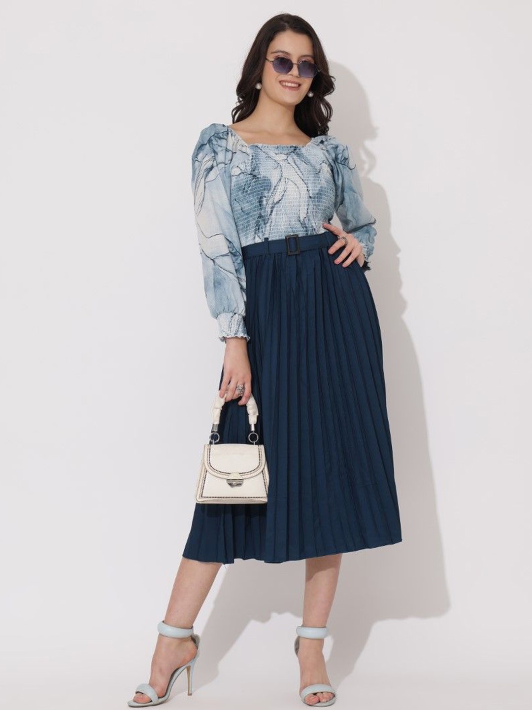 

Krunal Raiyani Women Print Crepe Fit & Flare Dress, Blue