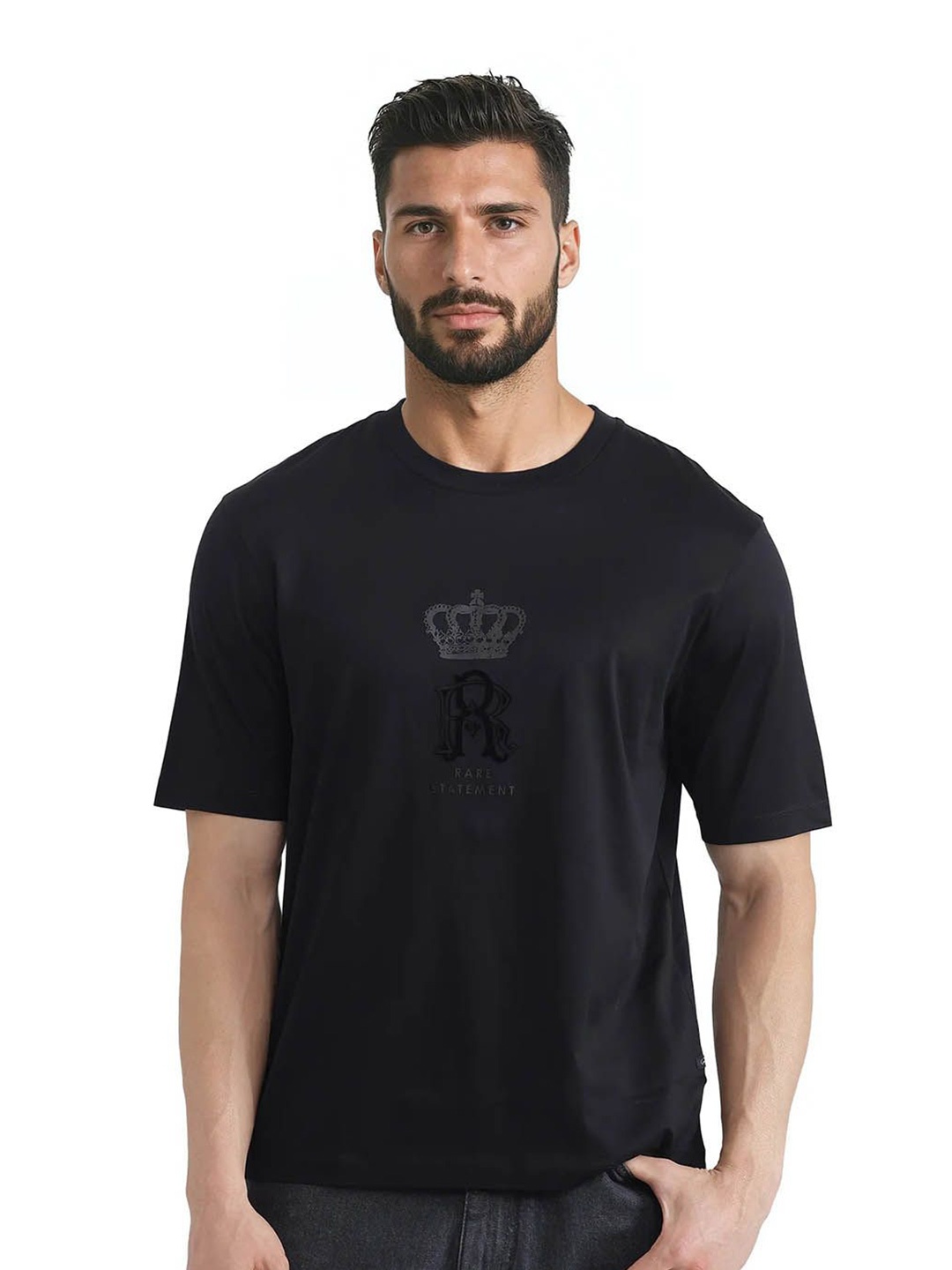 

RARE RABBIT Men Graphic Printed Round Neck Cotton T-shirt, Black