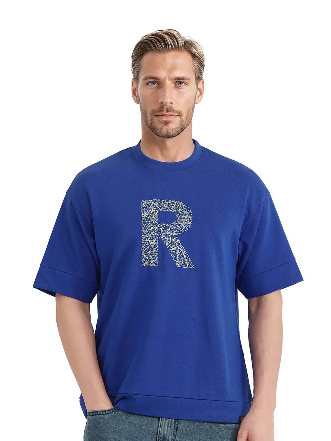 

RARE RABBIT Men Typography Embroidered Round Neck Cotton Relaxed Fit T-shirt, Blue