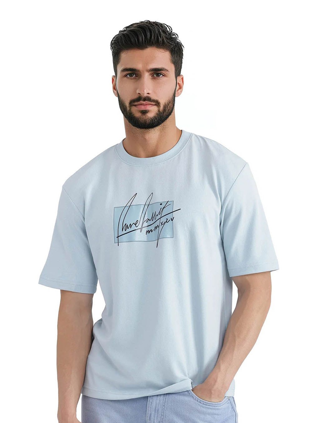

RARE RABBIT Men Typography Printed Round Neck Cotton Relaxed Fit T-shirt, Blue