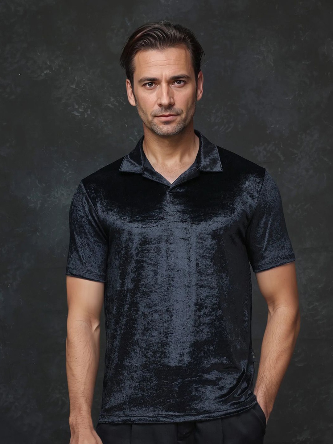 

RARE RABBIT Men Solid Polo Collar Cotton T-shirt, Black
