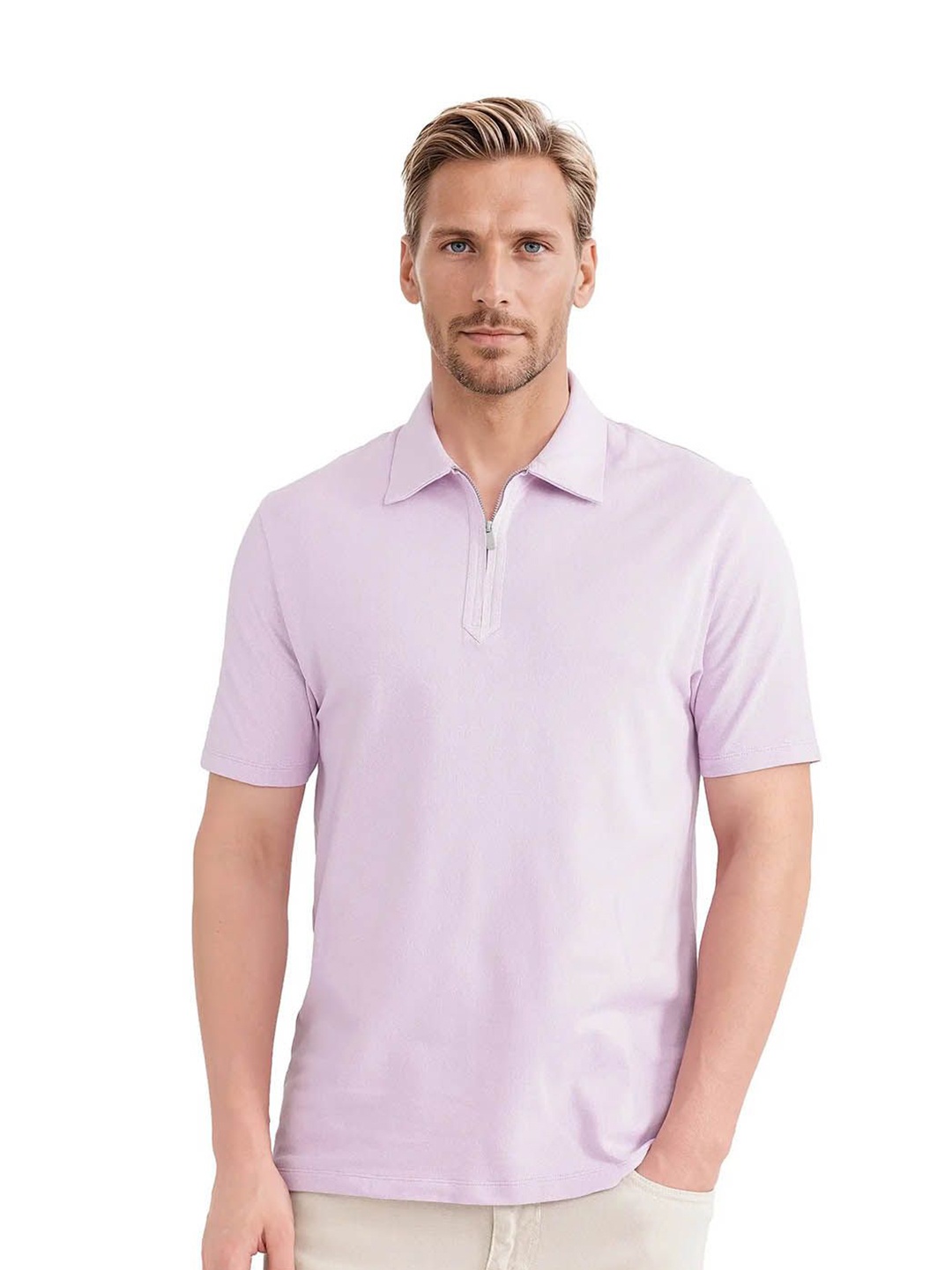 

RARE RABBIT Men Solid Polo Collar Cotton T-shirt, Lavender