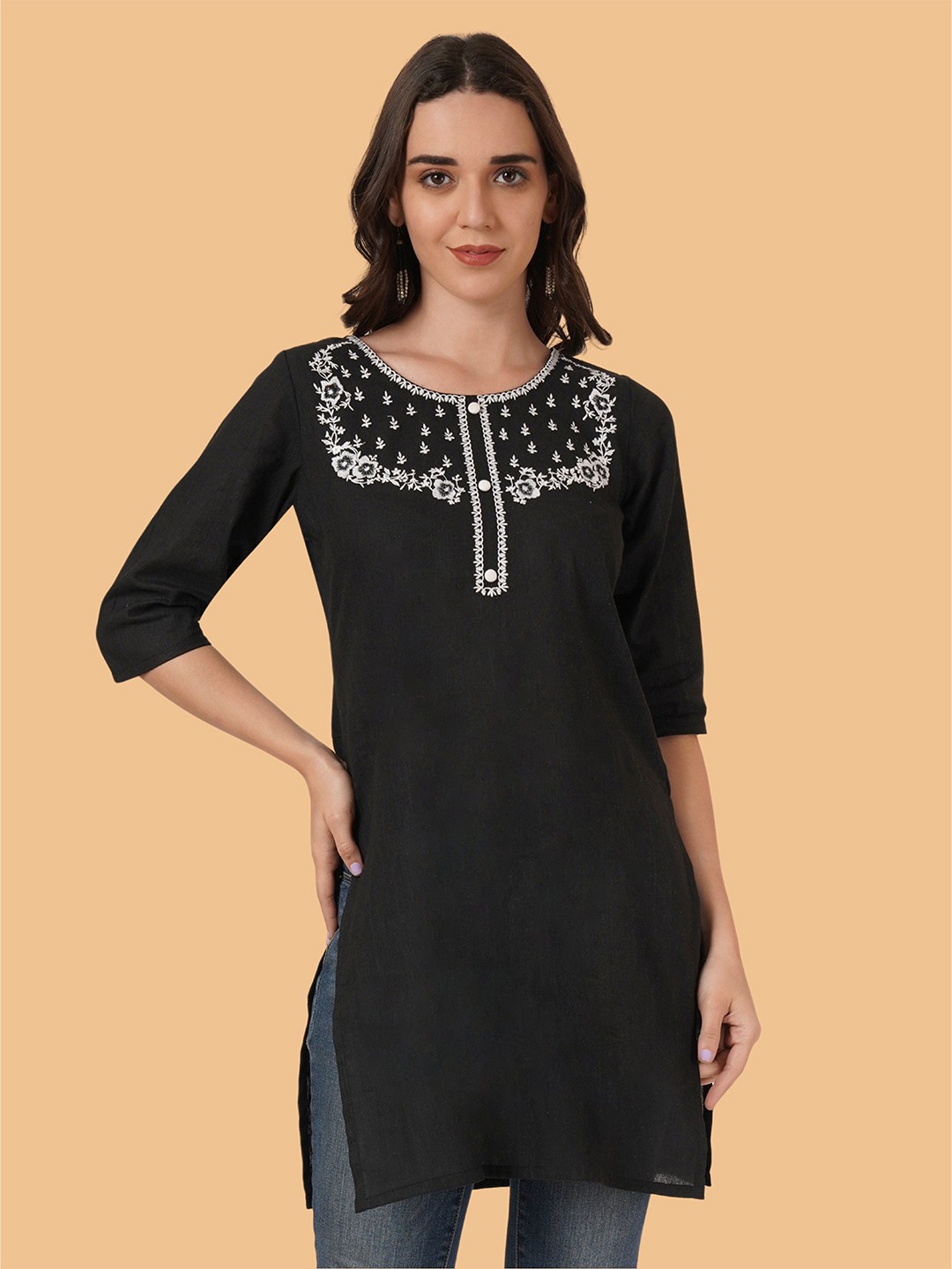 

Brownverse Women Ethnic Motifs Cotton Embroidered Kurti, Black
