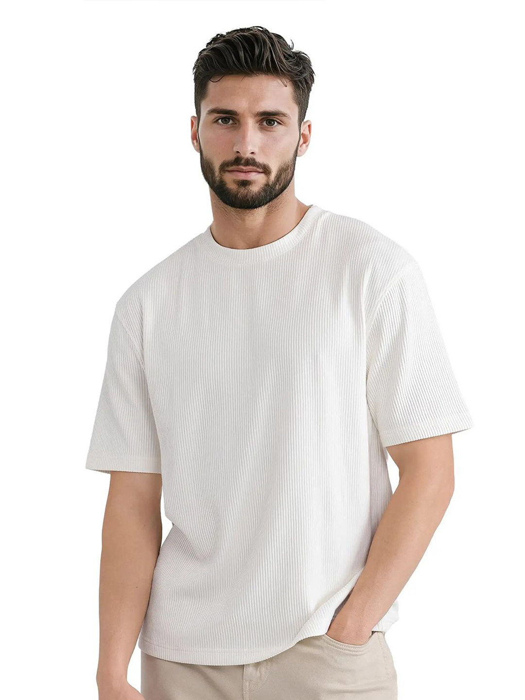 

RARE RABBIT Men BREET-1 Self Design Round Neck Cotton Relaxed Fit T-shirt, White