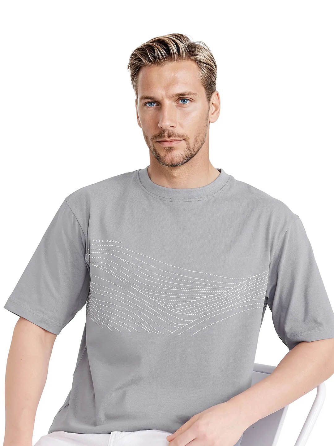 

RARE RABBIT Men Striped Round Neck Cotton Relaxed Fit T-shirt, Grey