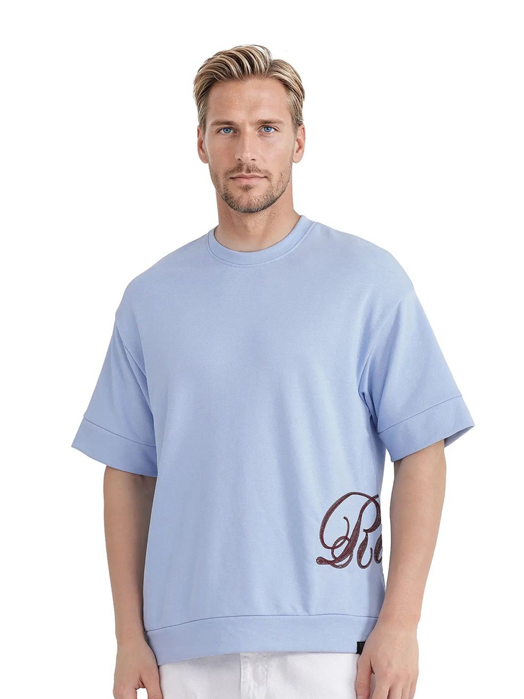 

RARE RABBIT Men Typography Embroidered Round Neck Cotton Relaxed Fit T-shirt, Blue