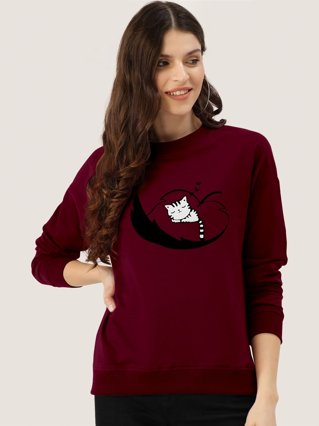 

ZentWorld Women Graphic Printed Round Neck Sweatshirts, Maroon