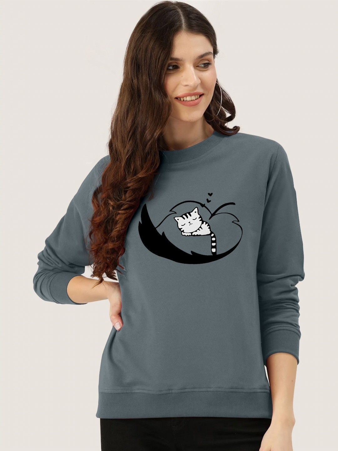 

ZentWorld Women Graphic Printed Round Neck Sweatshirts, Grey