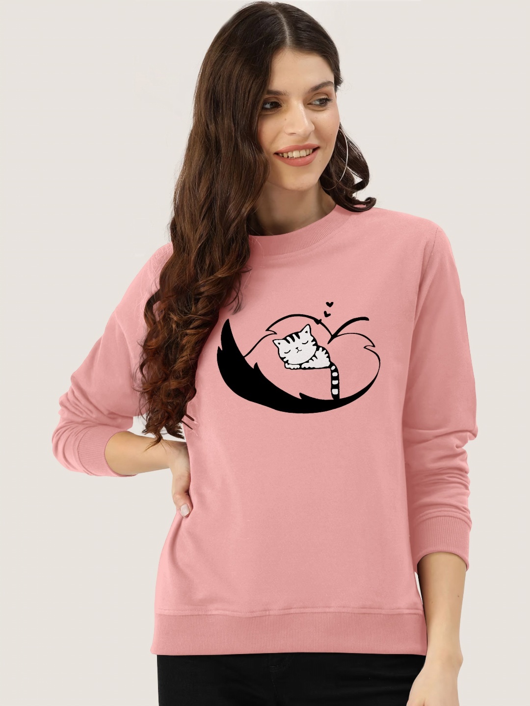 

ZentWorld Women Graphic Printed Round Neck Sweatshirts, Peach