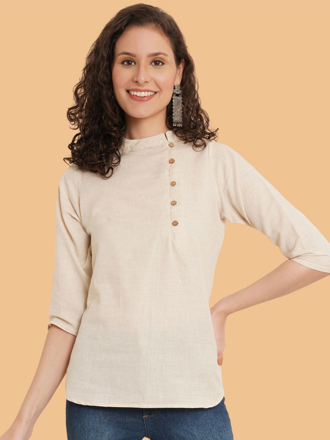 

Brownverse Women Mandarin Collar Cotton Top, Off white