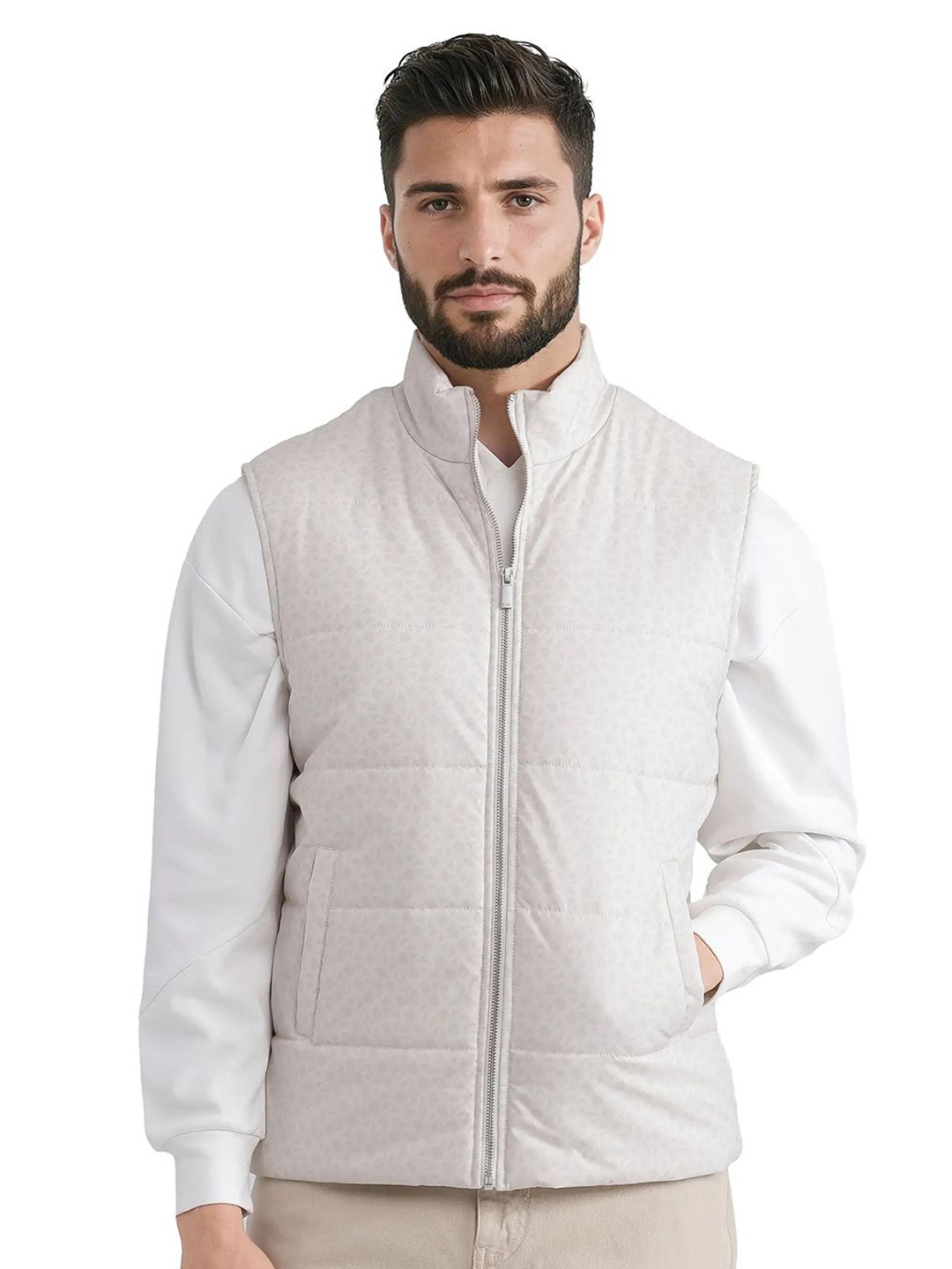 

RARE RABBIT Men Mock Collar Geometric Printed Casual Gilet Jacket, Cream
