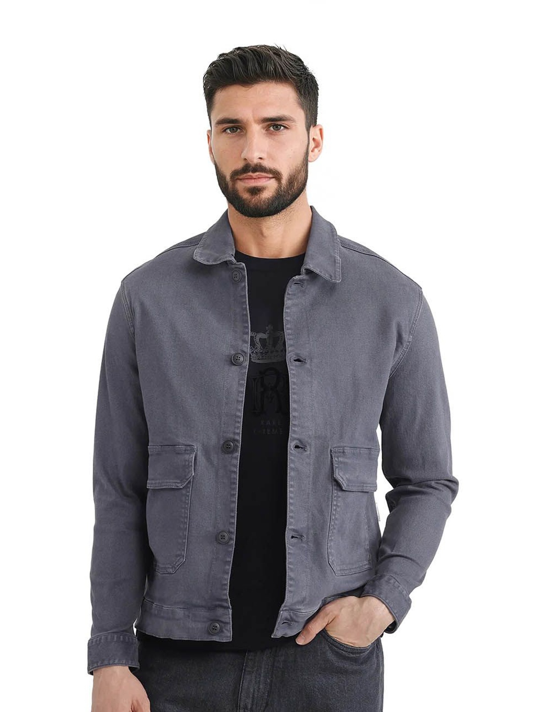 

RARE RABBIT Men Spread Collar Solid Cotton Casual Denim Jacket, Grey