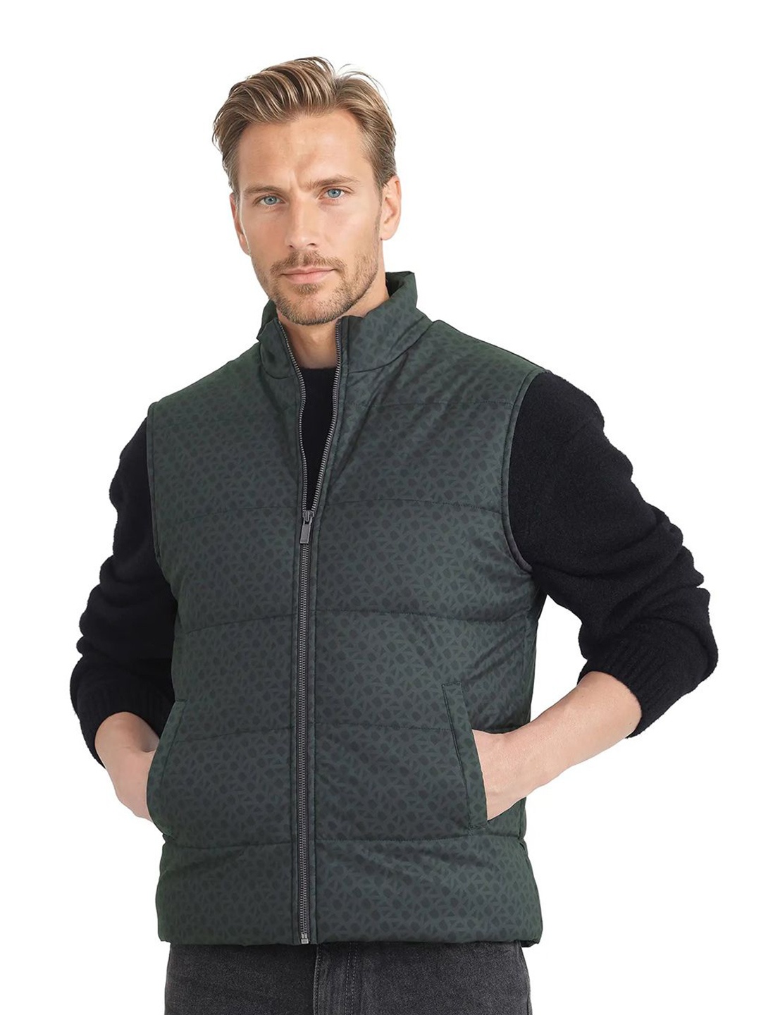 

RARE RABBIT Men Mock Collar Geometric Printed Casual Gilet Jacket, Grey