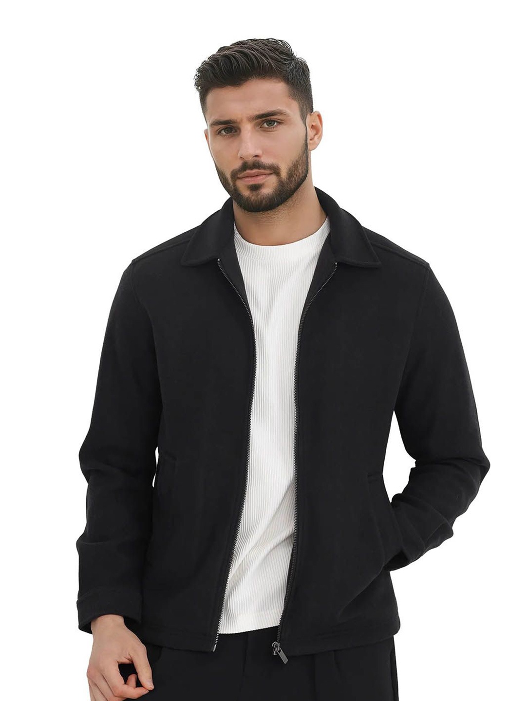 

RARE RABBIT Men Spread Collar Solid Casual Bomber Jacket, Black