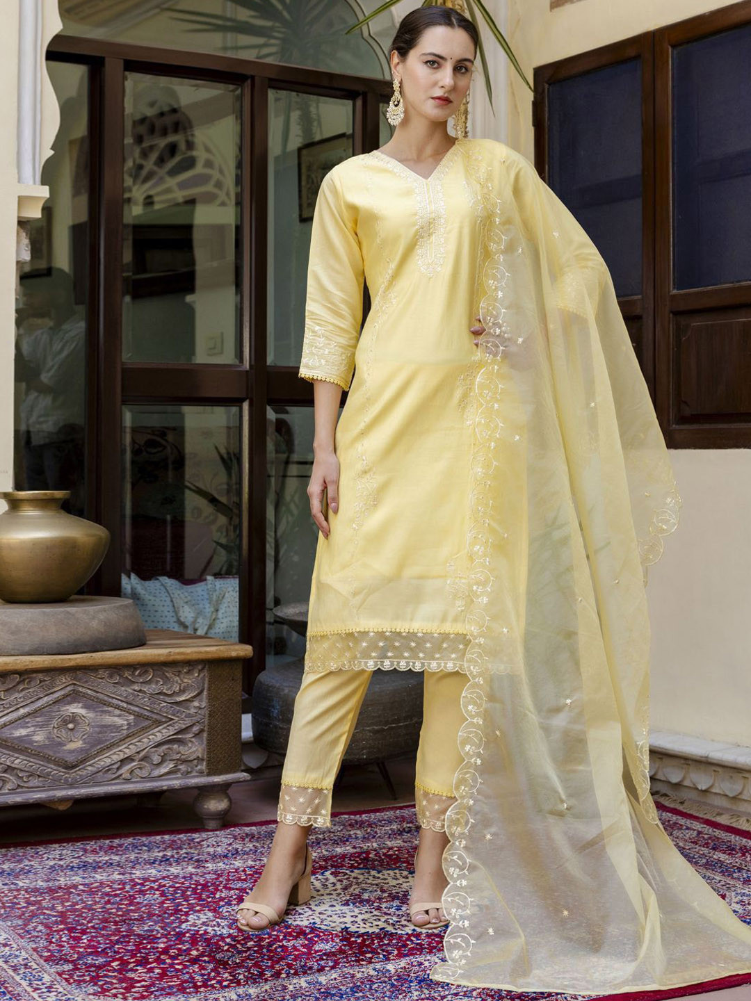 

VredeVogel Floral Embroidered Sequinned Straight Kurta with Trousers & Dupatta, Yellow