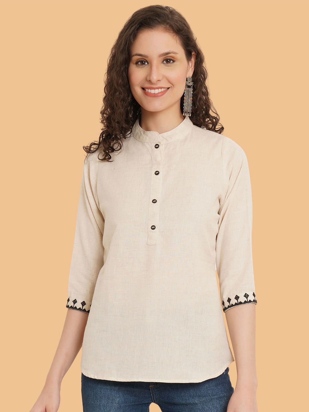 

Brownverse Women Embroidered Mandarin Collar Cotton Top, Off white