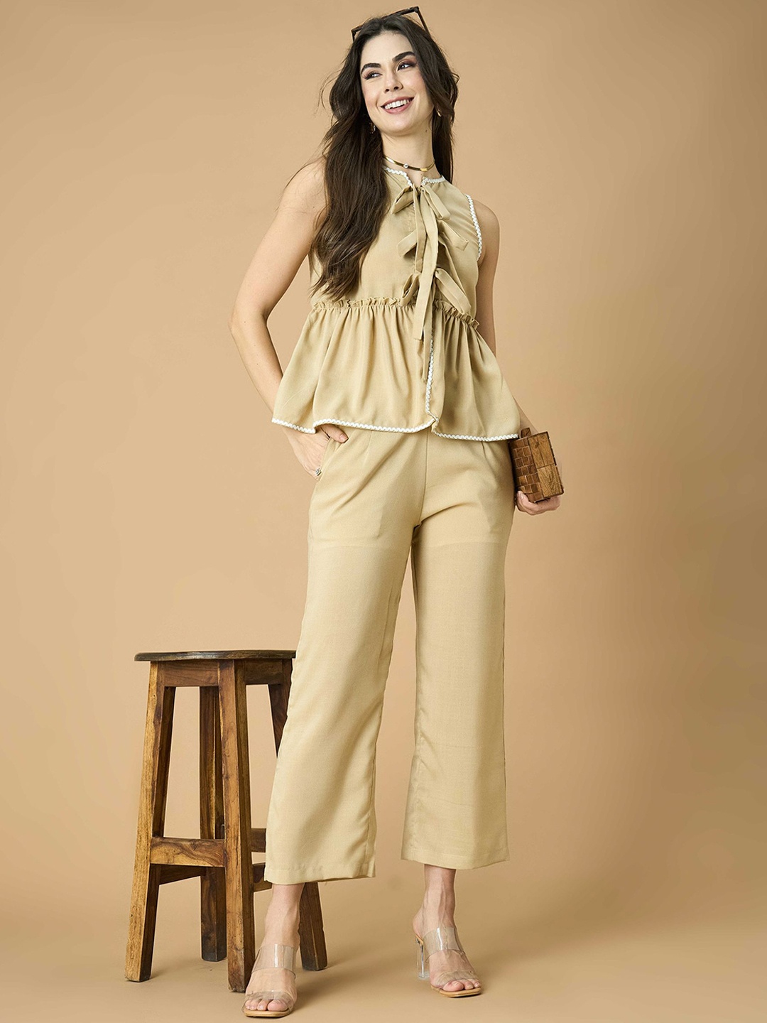 

Fashfun Pure Cotton Lace Top With Trouser, Beige