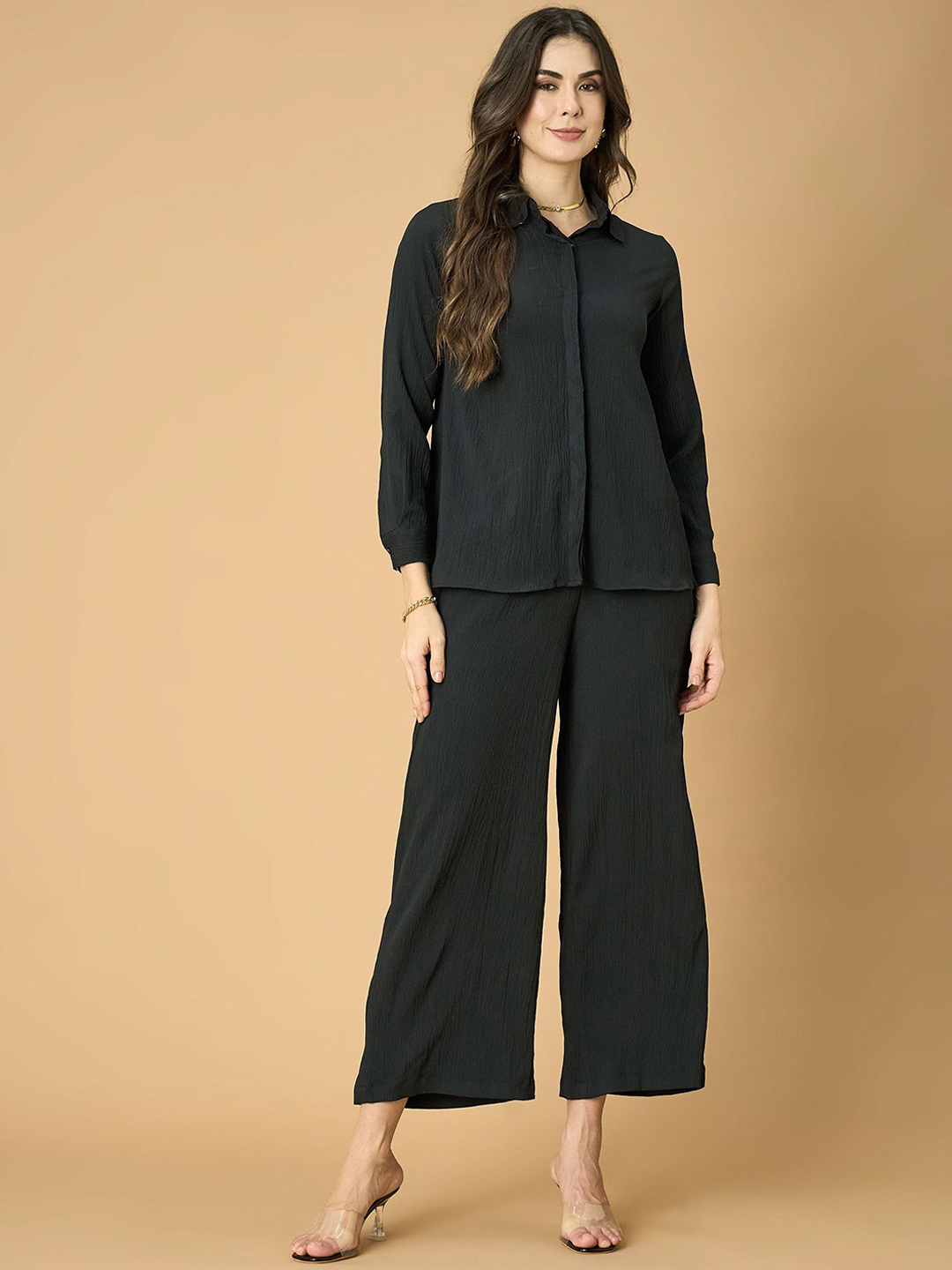 

Fashfun Self Design Long Sleeves Shirt With Trousers, Black
