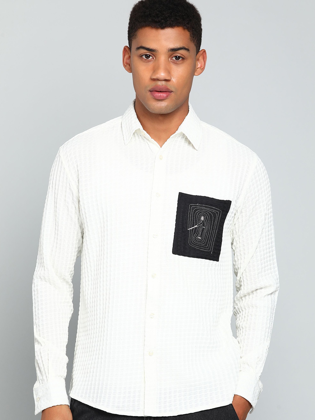 

INDICLUB Men Spread Collar Textured Casual Shirt, White