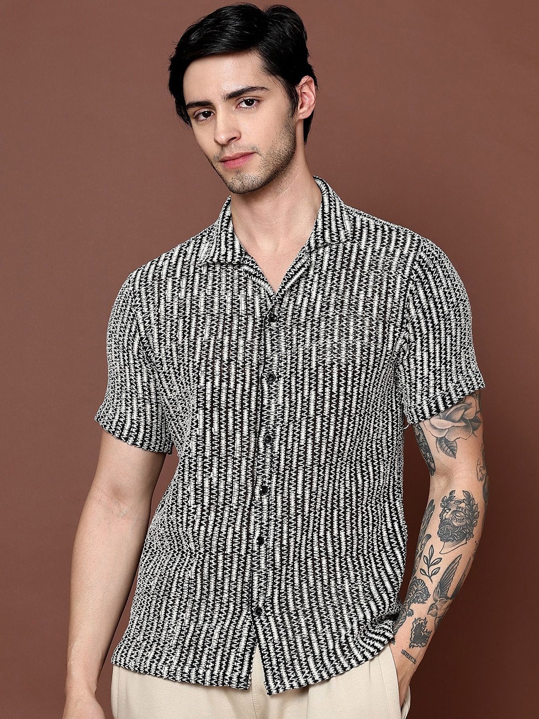 

BHALVAV EXPORT Men Standard Vertical Striped Cotton Party Shirt, White