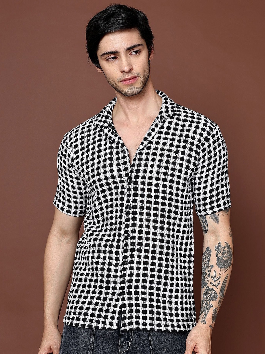 

BHALVAV EXPORT Men Standard Cuban Collar Checked Cotton Party Shirt, White