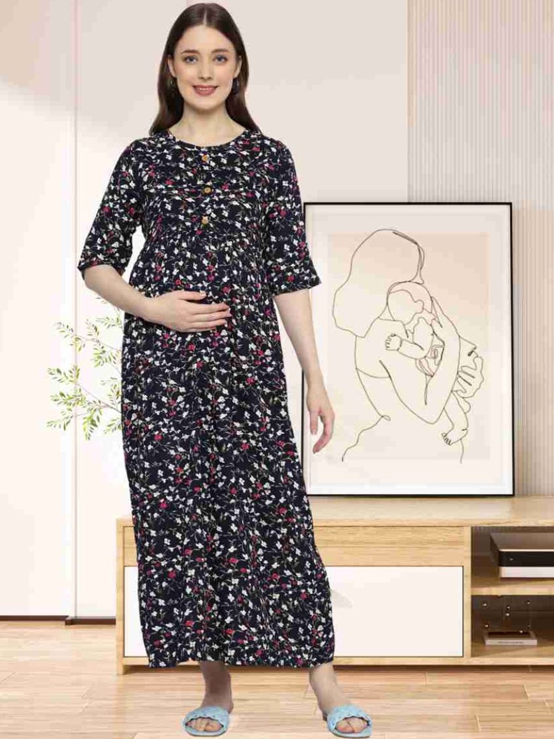 

GMI Women Floral Printed Maternity Fit & Flare Maxi Dress, Blue