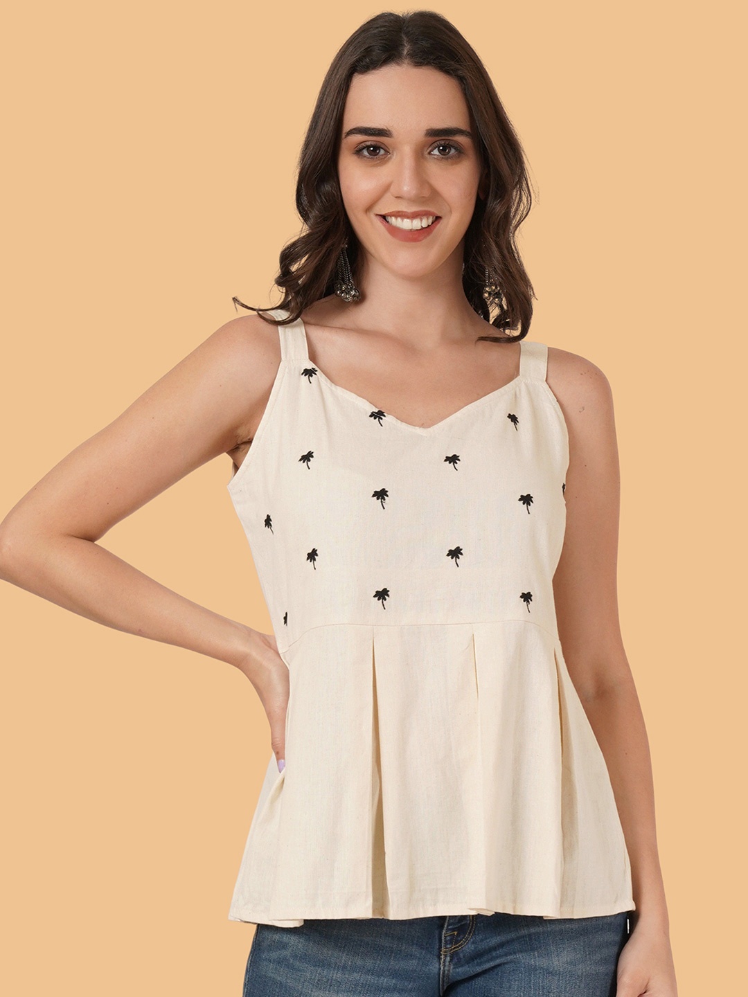 

Brownverse Women Floral Embroidered Cotton Regular Top, Off white