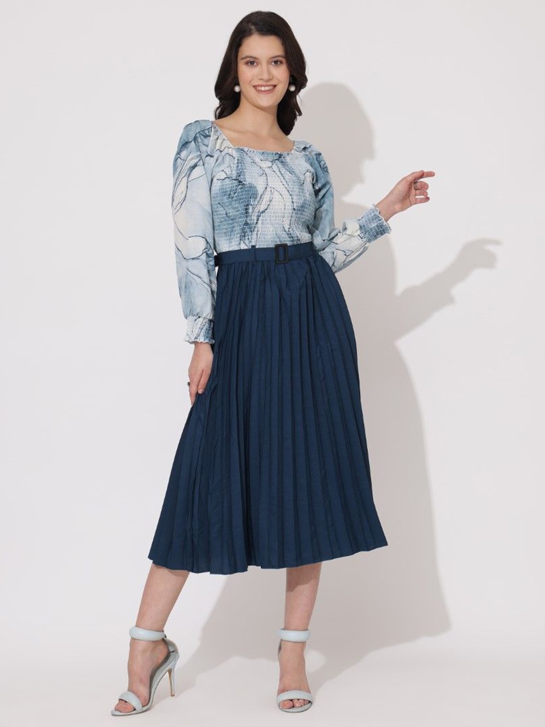 

Raiyani Enterprise Women Printed Crepe Fit & Flare Dress, Blue