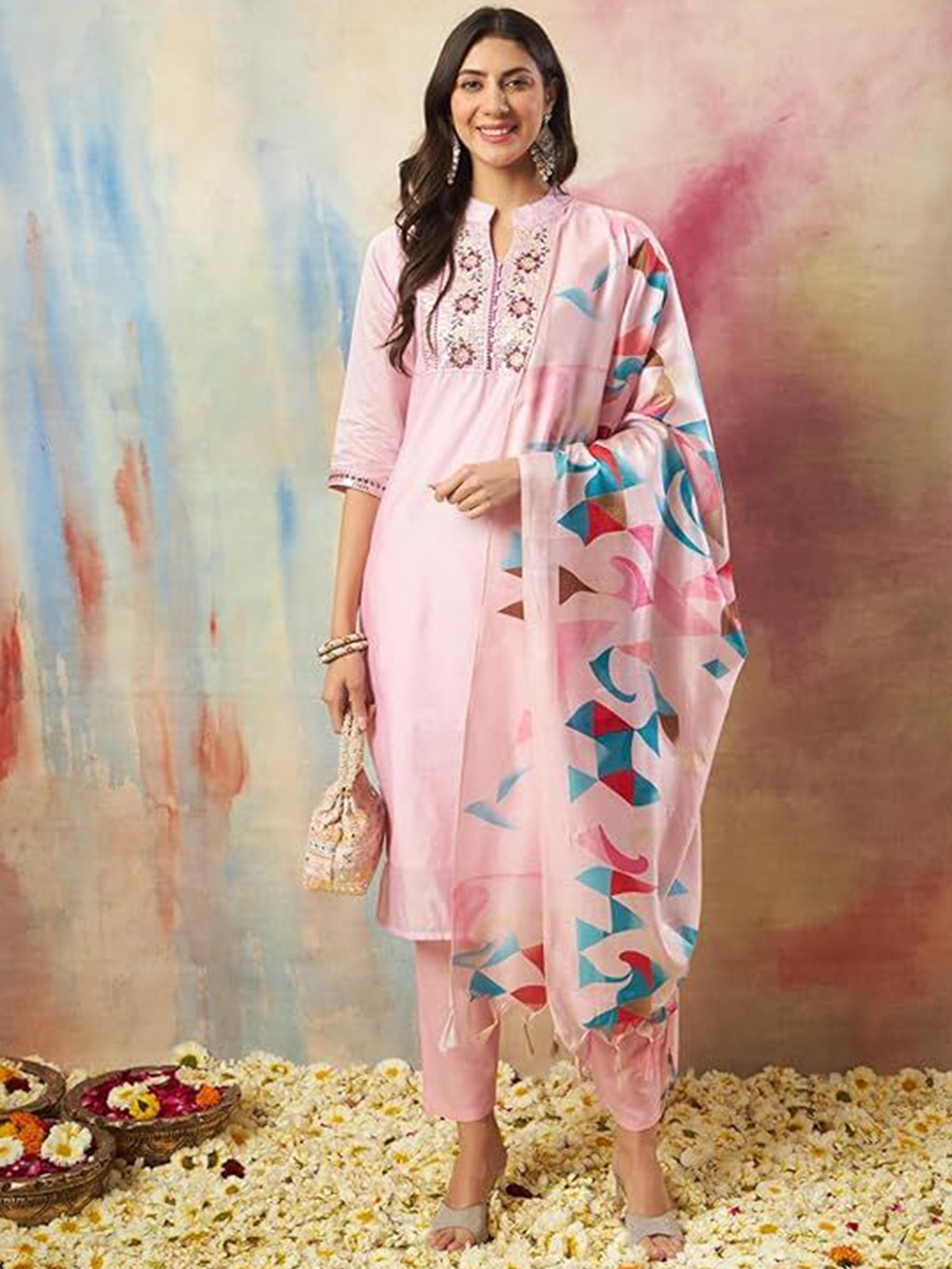 

VredeVogel Floral Yoke Design Sequinned Chanderi Silk Kurta with Trousers & Dupatta, Pink