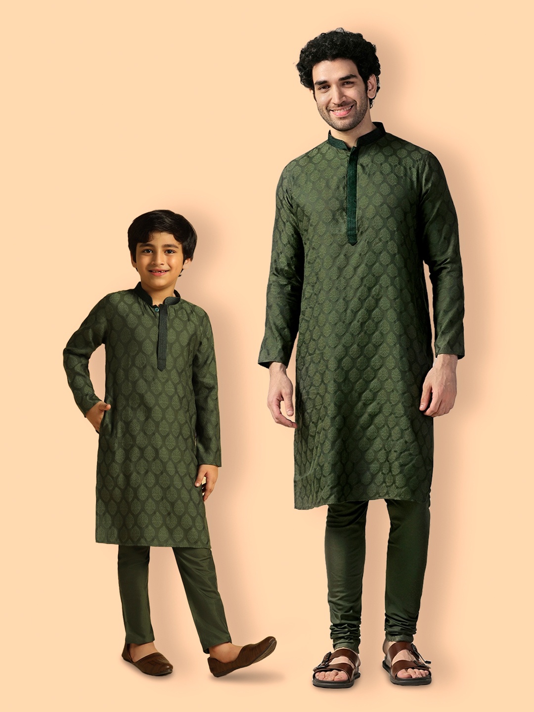 

KISAH Ethnic Motifs Woven Design Thread Work Mandarin Collar Straight Kurta with Churidar, Olive