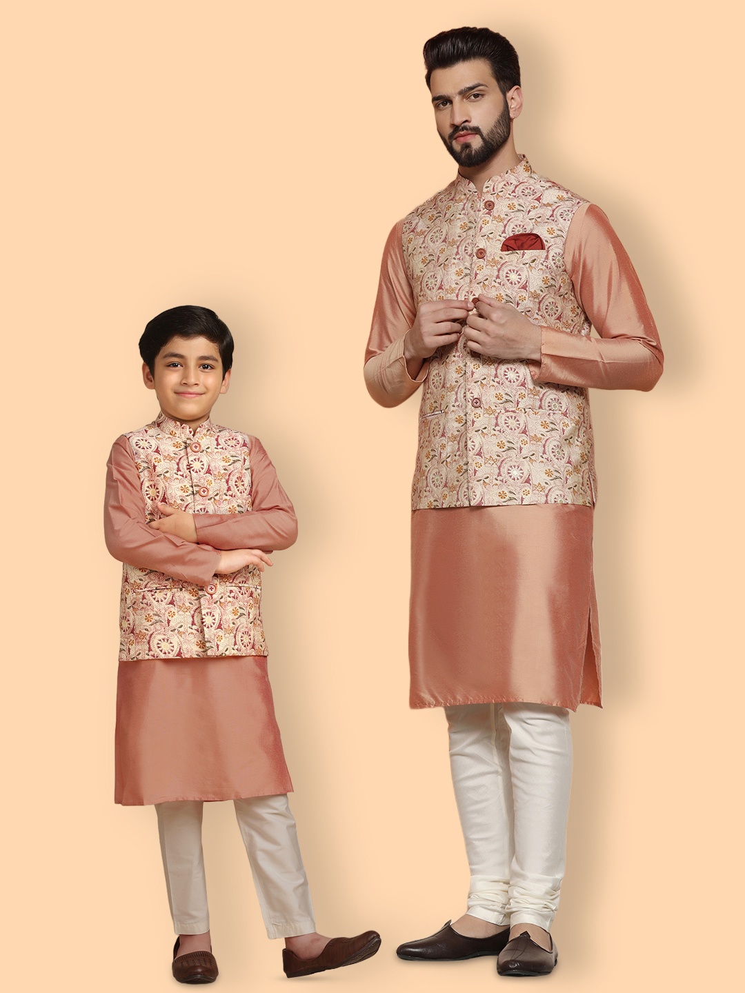 

KISAH Mandarin Collar Straight Kurta With Churidar & Nehru Jacket, Peach