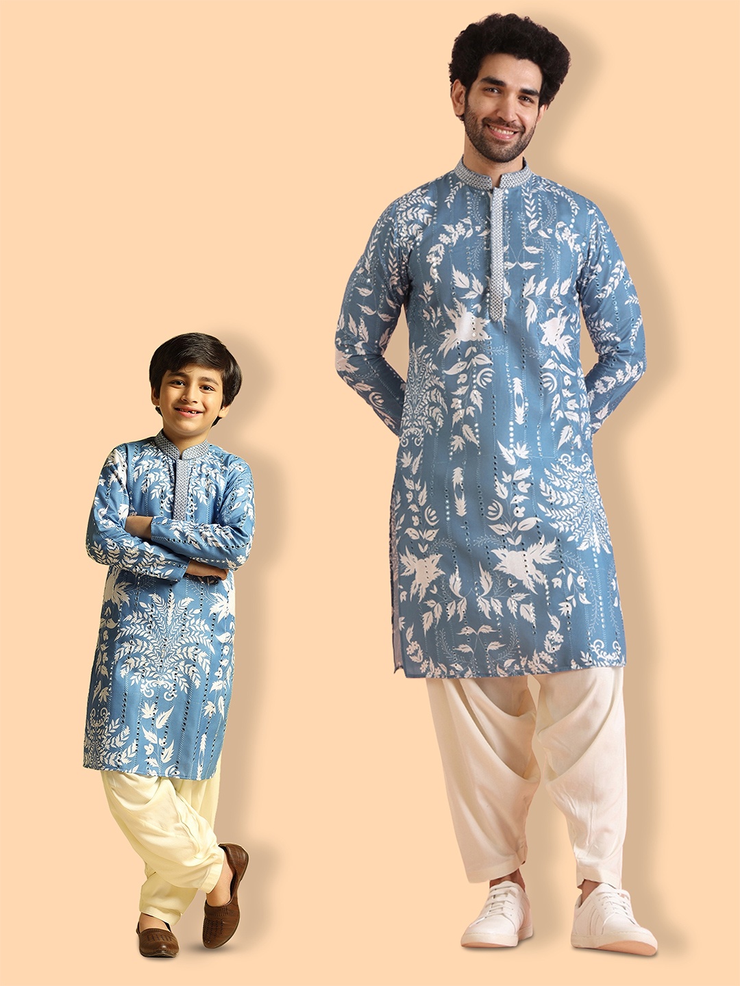 KISAH Floral Printed Mirror Work Mandarin Collar Straight Kurta with Patiala, Blue