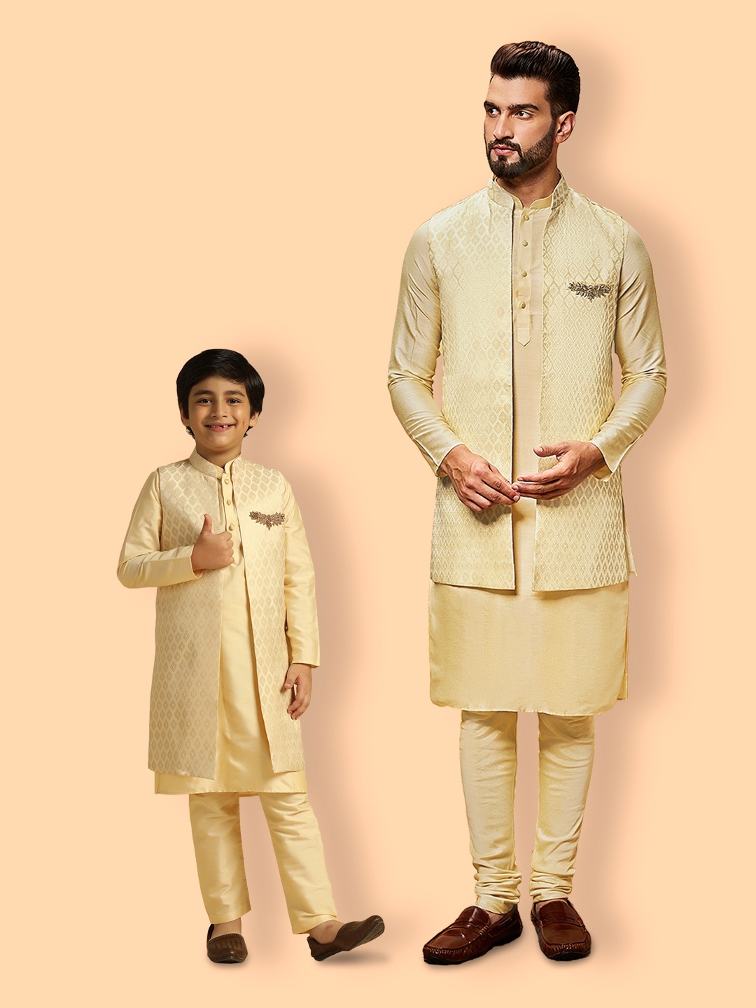

KISAH Mandarin Collar Pastels Straight Kurta with Churidar & Nehru Jacket, Cream
