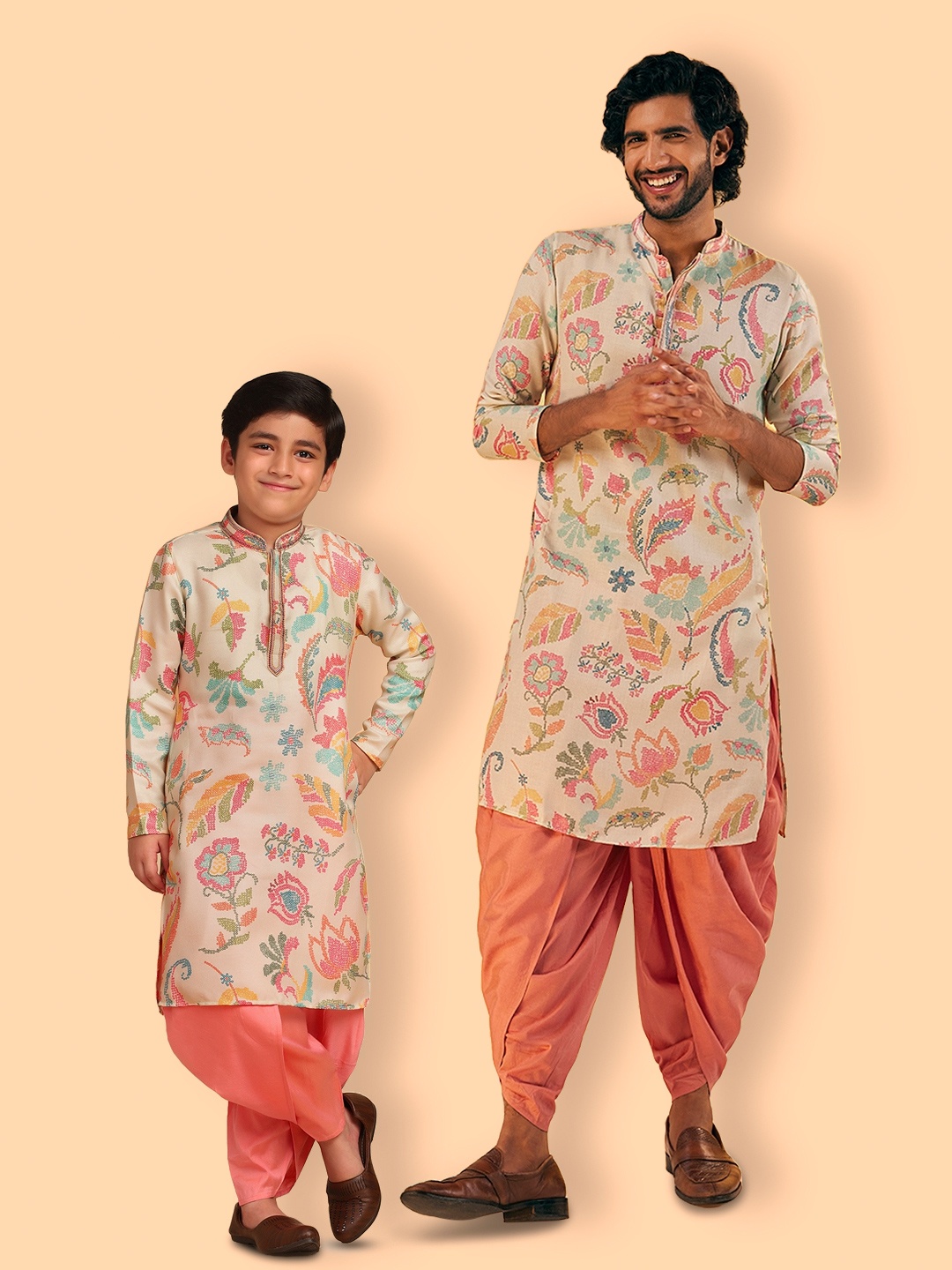 

KISAH Boys Floral Printed Straight Kurta With Dhoti Pant, Beige