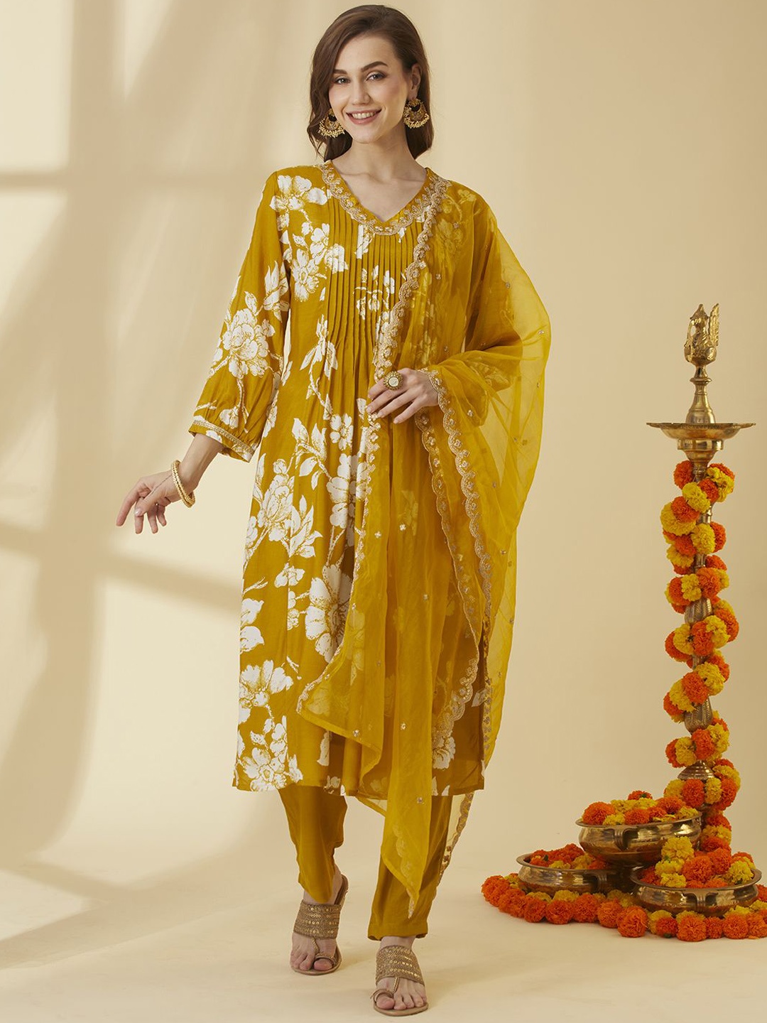 

FASHOR Floral Printed V-Neck Pleated Kurta With Trousers & Dupatta, Mustard