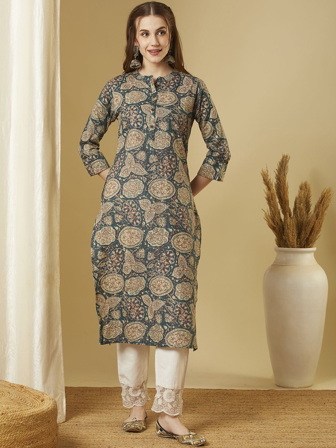 

FASHOR Ethnic Motifs Printed Mandarin Collar Straight Kurta, Green
