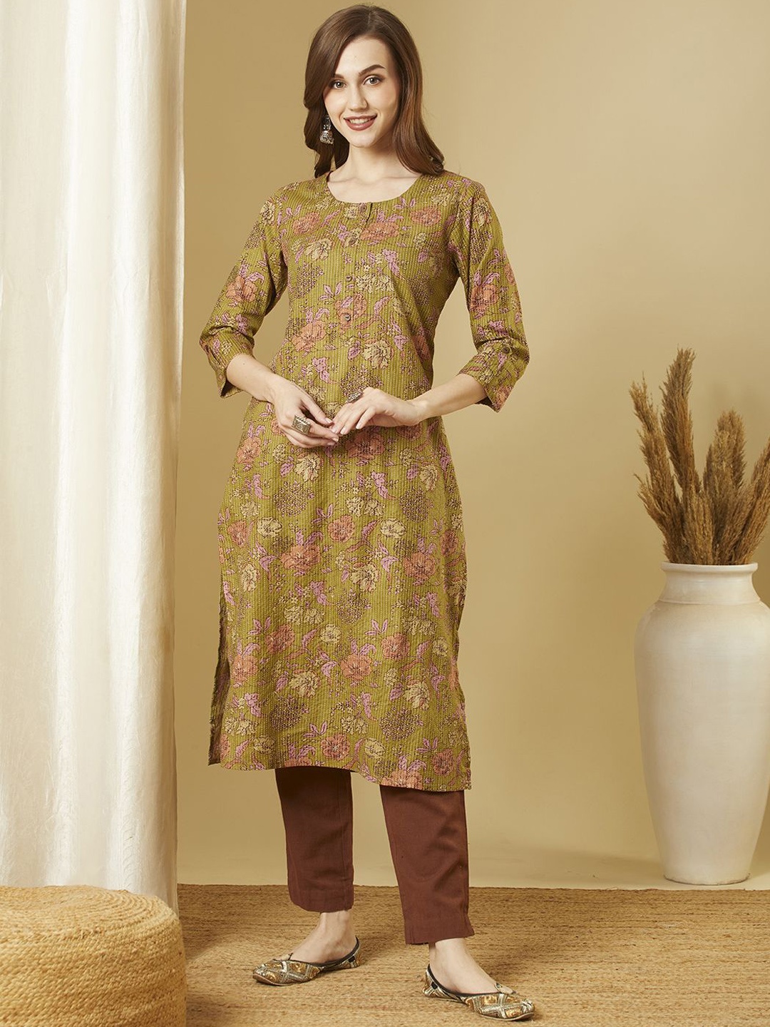 

FASHOR Ethnic Motifs Printed Cotton Straight Kurta, Green