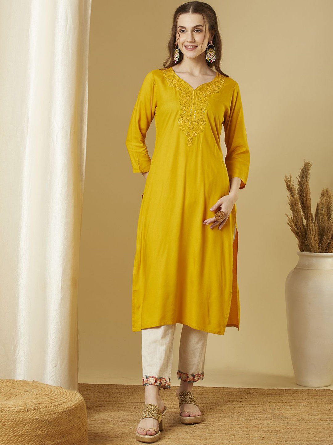 

FASHOR Floral Embroidered Sequinned Straight Kurta, Yellow