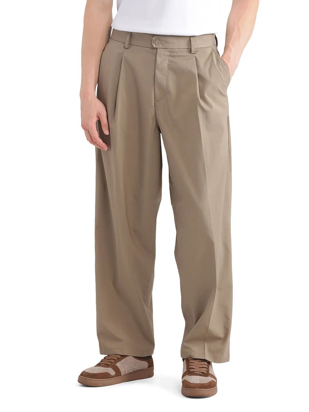 

RARE RABBIT Men Tailored Pleated Cotton Trousers, Khaki