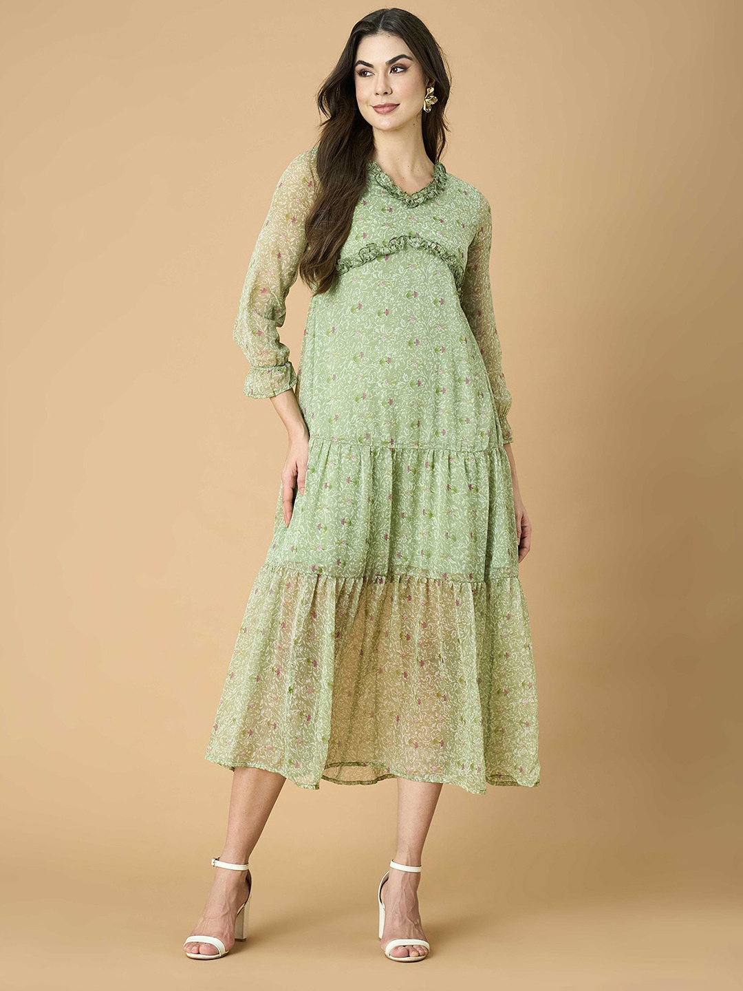 

Fashfun Floral Printed Chiffon Tiered A-Line Midi Dress, Green