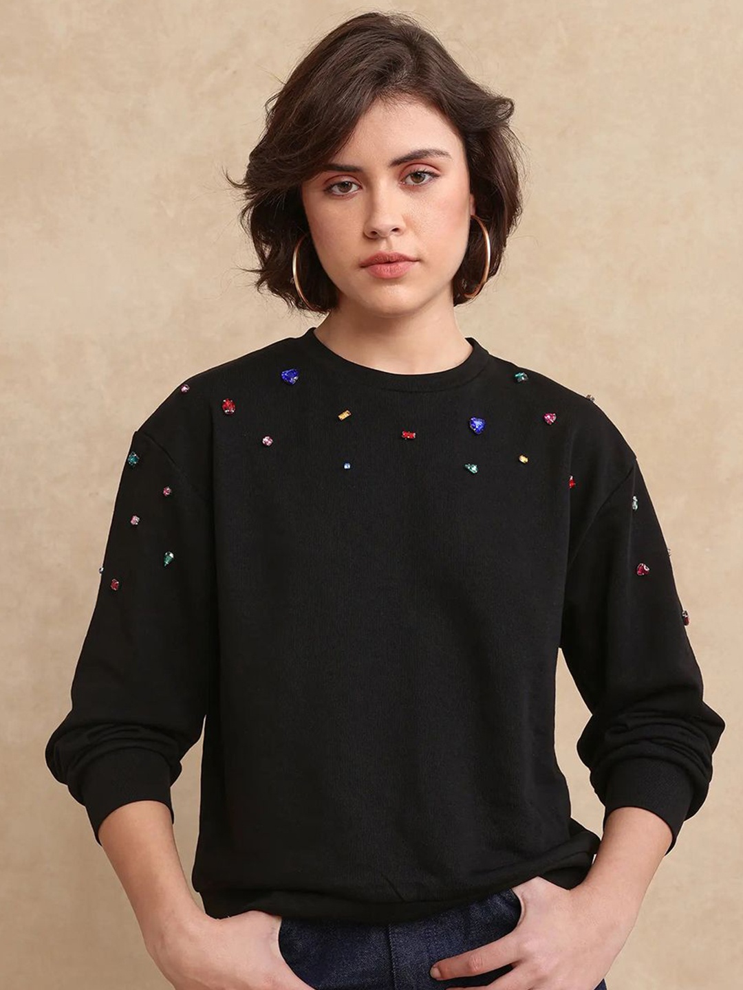 

RAREISM Women Embellished Round Neck Sweatshirt, Black