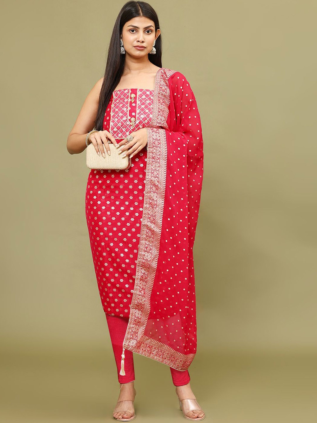 

Meena Bazaar Ethnic Motifs Woven Design Chanderi Unstitched Dress Material, Pink
