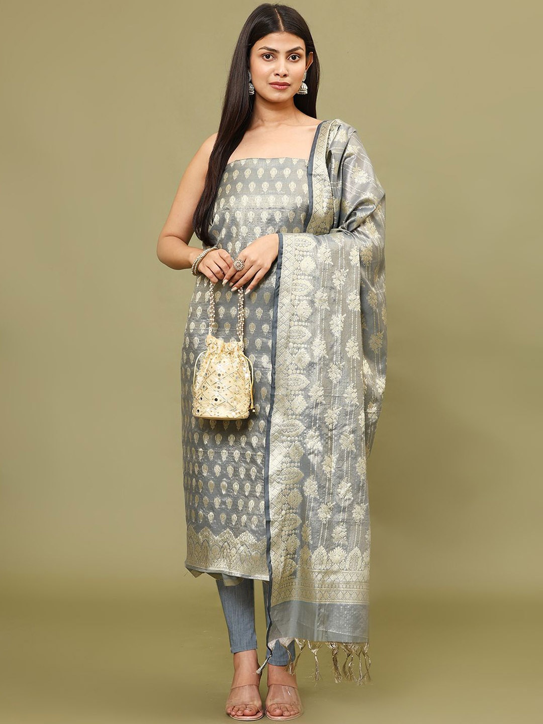 

Meena Bazaar Floral Woven Design Zari Chanderi Unstitched Dress Material, Blue